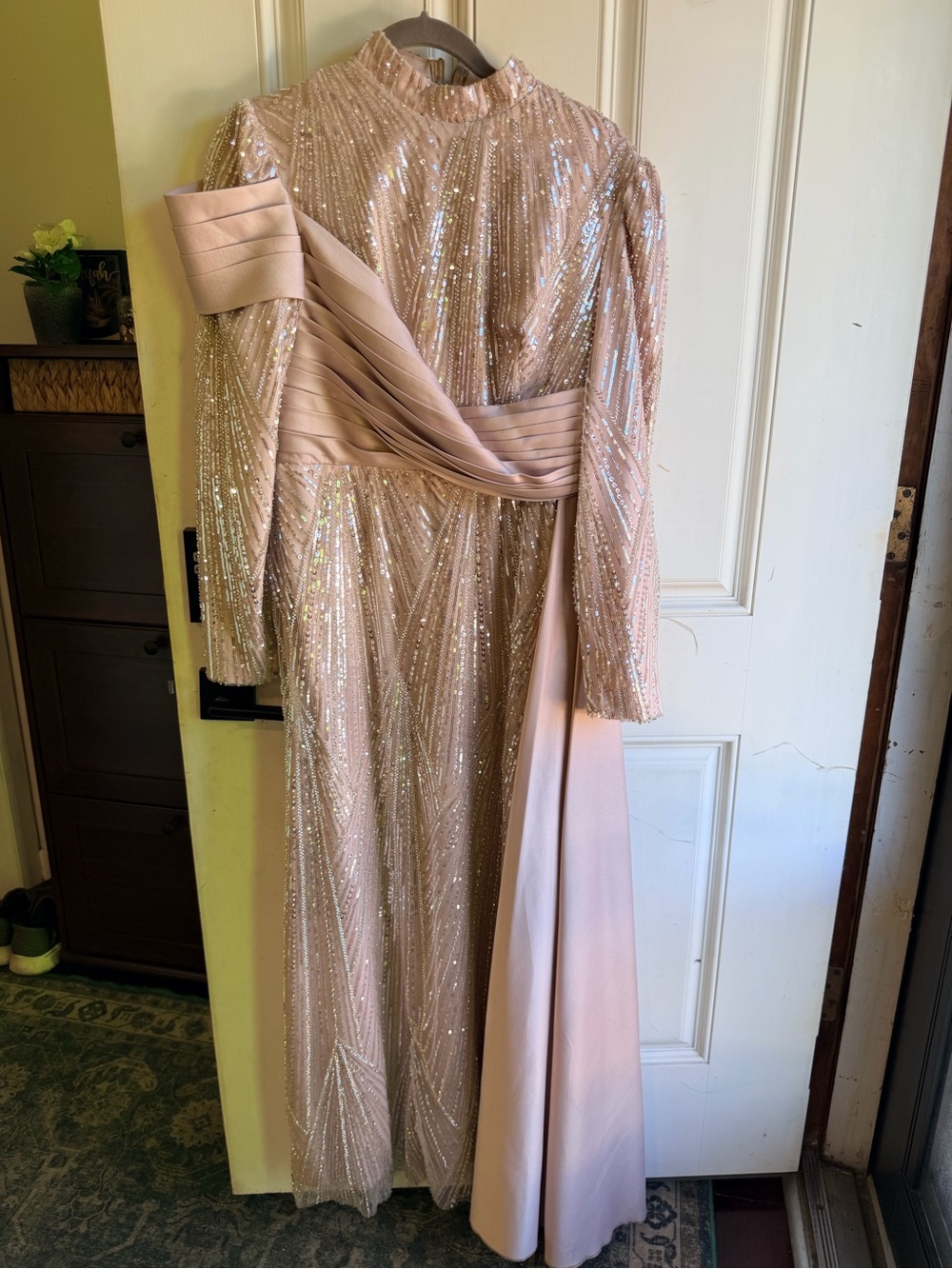 Elegant Blush Sequin Long-Sleeve Evening Dress with Draped Sash